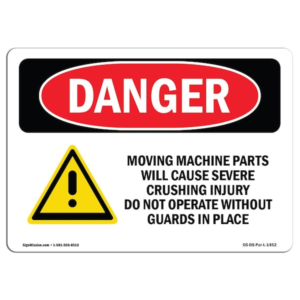 OSHA Sign, Moving Machine Parts Cause Crushing, 5in X 3.5in, 10PK, 5" W, 3.5" H, Landscape, PK10